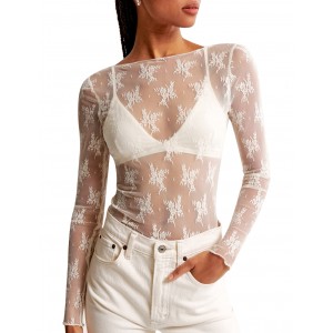 KTILG Womens Lace Long Sleeve Boat Neck Tops Embroidery Sheer Blouse Sexy See Through Shirt Mesh Top S-XXL