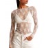 KTILG Womens Lace Long Sleeve Boat Neck Tops Embroidery Sheer Blouse Sexy See Through Shirt Mesh Top S-XXL